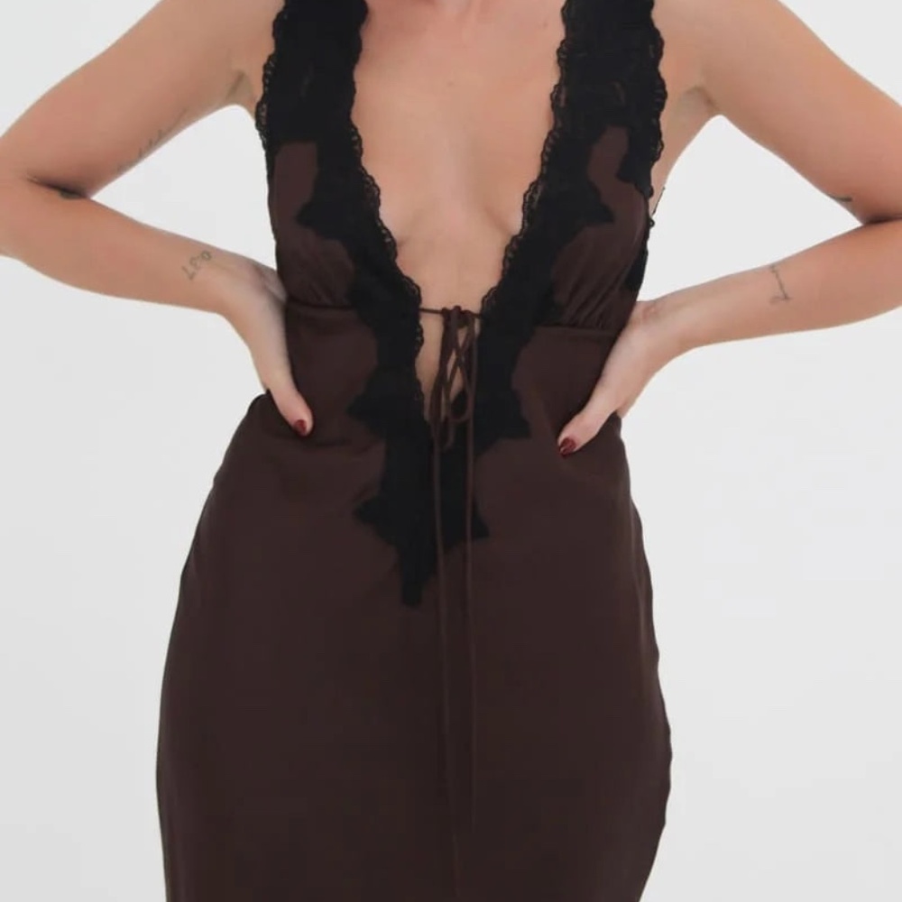 Rumored Brown Maxi Dress with Black Lace Trim